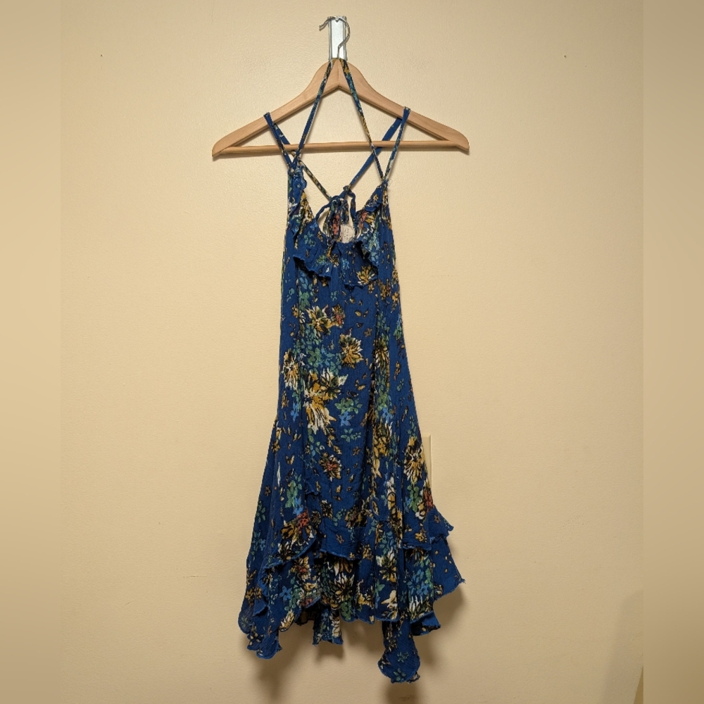 Free People FP One Go Lightly Blue Floral Ruffle Gauze Mini Dress – Size Large - Picture 7 of 8